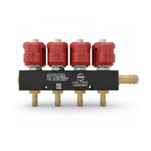 Inicio Riel de inyectores para gas VALTEK de 4 cilindros y 3 ohms, ideal para sistemas de conversión GNV y GLP.