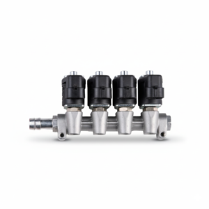 Riel de inyectores para gas modelo APACHE de 4 cilindros y 3 ohms, ideal para sistemas GNV y GLP.
