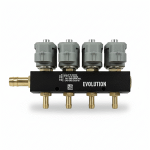 Riel de inyectores para gas VALTEK de 4 cilindros y 2 ohms, ideal para sistemas de conversión a GNV y GLP.